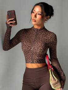 Dewbera 1pc Women's Seamless Mock Neck Leopard Print High Stretch Drawstring Waist Running Fitness Yoga Outerwear With Thumb Hole Long Sleeve Sweatshirt Compression Shirts For Women - Coffee Brown - View 3