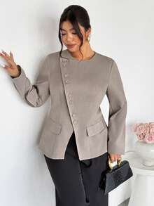 Firerie 女士优雅通勤日常百搭街头时尚新款不对称翻领纽扣腰长袖卡其灰色西装外套 - 卡其色 - 查看 1