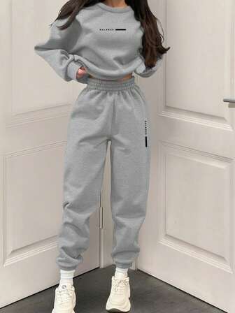 BamGleam 女士“Balance”英文数码印花舒适休闲家居服和街头服饰羊毛套装