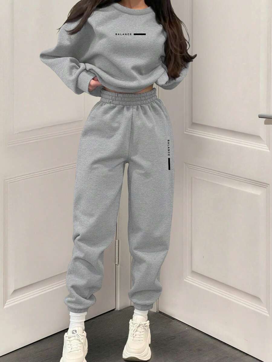 BamGleam 女士“Balance”英文数码印花舒适休闲家居服和街头服饰羊毛套装 - 淺灰色 - 查看 1
