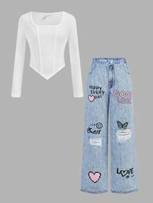 SHEIN Girlism 少女休闲街头风修身不对称下摆长袖T恤和宽松阔腿牛仔印花涂鸦图案裤两件套，返校季，甜美酷女孩，时尚个性，女孩套装 - 藍白色 - 查看 10