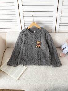 Girls Cute Bear Embroidered Jacquard Fleece Cozy Pajama Set - Grey - View 3