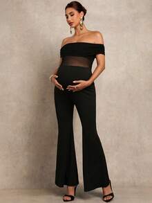 MaterniChic Maternity Solid Color Off Shoulder Jumpsuit  Party - Black - View 4