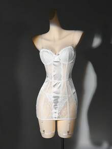 SHEIN Bộ 4 váy ngắn gợi cảm bằng vải satin và ren không dây - trắng - Xem 6