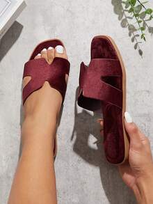 SHUZIA Women Shoes Minimalist Open Toe Thin Flat Bottom Everyday Basic Slip-On Slippers Velvet Burgundy Sliders - Burgundy - View 2