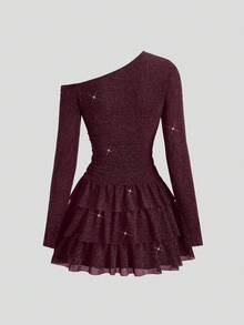 SHEIN Sweetro Elegant festklänning med sexig asymmetrisk axel och glittertyg, moderiktig, volangkant och långärmad, höst/vinter, festklänning - Bourgogne - Visa 2