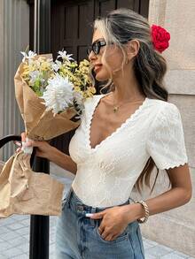 Pariaura Women's Textured Wavy Trim Cinched Waist Short Sleeve T-Shirt - Beige - View 5