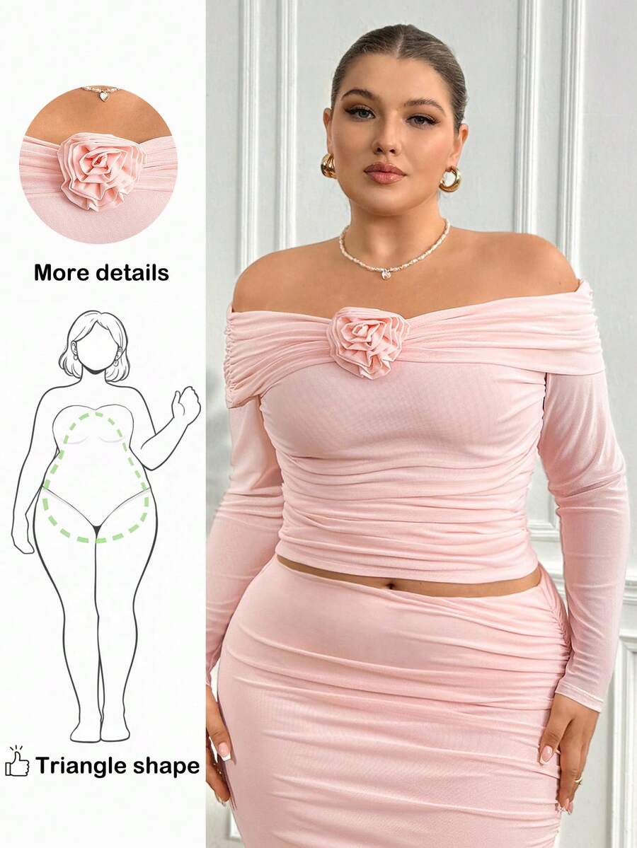 Truni 女士秋季服装，冬季加大码优雅纯色3D花卉装饰露肩T恤 - 粉色 - 查看 1