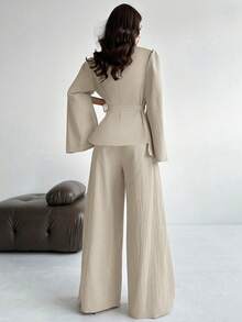 Firerie 2pcs Women's Apricot Tie-Up Split Sleeve Mandarin Collar Top And Elastic Waist Wide Leg Pants Set, Apricot Suit, Mandarin Collar Suit, Apricot Suit, Elegant, Commute, Casual, Business, Workwear, Teacher's Day, Back To School,Spring Outfit Women - Apricot - View 8