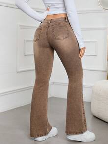 SHEIN EZwear Women's Plain Simple Daily Wear Flared Jeans - Brown - View 2