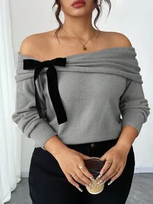 Elenzga Plus Size Women's Solid Color Knitted Off-Shoulder Bow Long Sleeve Pullover Sweater,Pink And Grey,Autumn,Elegant,Everyday Winter Grey Top - Grey - View 4
