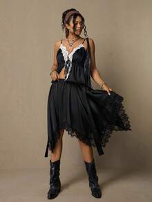 Freevana Fustă vintage boemă din satin negru, cu talie neregulată, cu tiv din dantelă, tip A-line, retro elegantă, de primăvară timpurie, versatilă, pentru slăbit - Negru - Vizualizare 7