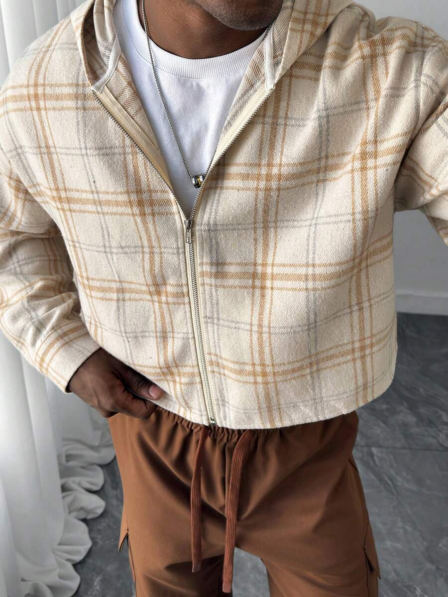 HUEFORM Camisa con capucha de manga larga a cuadros casual para hombre - Albaricoque - Ver 1