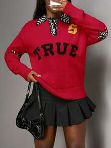 Slaydiva Áo len nữ tay dài cổ polo họa tiết chữ cái và họa tiết da báo, kiểu dáng thường ngày, phong cách đường phố, phù hợp cho mùa thu đông 2025, thích hợp cho đi học, dự tiệc, Halloween, Giáng sinh, đi chơi, sinh nhật, ăn trưa, tiệc tùng, mặc hàng ngày, đi club, phong cách gợi cảm. - Đỏ - Xem 5