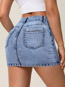 SHEIN PETITE Jupe en jean mini avec poches, style casual de rue pour femmes