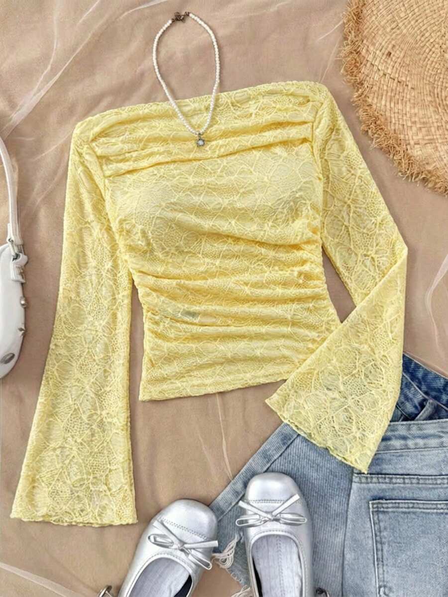 SHEIN 青少年女孩修身休闲简约舒适露肩喇叭袖长袖T恤 - 黃色 - 查看 1