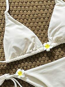 Swim Mod Bộ bikini nữ màu trơn buộc cổ yếm, họa tiết hoa, thích hợp cho mùa xuân/hè. - Màu be - Xem 2