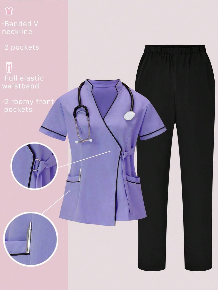 TaskEZ Scrubs Set: V-Neck Short Sleeve Top & Pants Scrub Uniform For Healthcare Workers - Multicolor - View 1