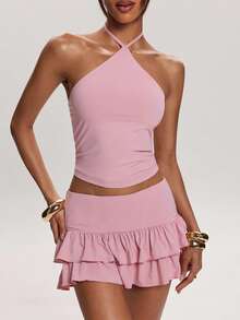 SHEIN BAE 女士纯色露脐吊带背心和荷叶边迷你裙性感时尚套装 - 粉色 - 查看 1