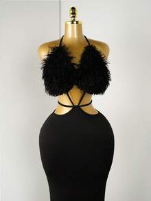 Mistrie 性感毛绒露背连衣裙，镂空腰带设计，修身美人鱼裙，魅惑晚宴小黑裙 - 黑色 - 查看 3