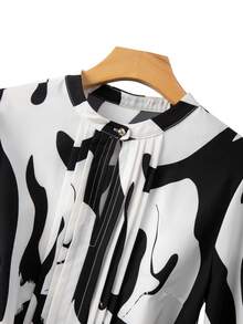 SHEIN PETITE CURVE Blusa elegante de manga larga con cuello alto, pliegues y corte delantero para mujer de talla pequeña y grande con estampado floral geométrico irregular, para uso casual, trabajo, citas y fiestas - Multicolor - Ver 8