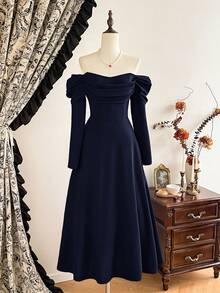 Vintamour Vintage Elegant Navy Blue Midi Formal Dress For Women,Autumn Dining Christmas Party Outfit,Off Shoulder Long Sleeve New Year's Eve Graduation Dresses - Navy Blue - View 3