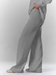 MUSERA Mid Rise Soft Knit Embroidered Wide Leg Trousers Bottom Only Fall Autumn Cosy Cute Casual Coffee Club New Year Thanksgiving Spring - Grey - View 3