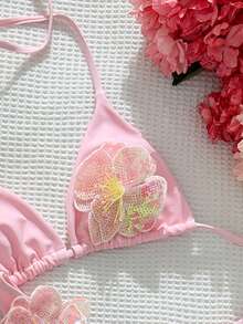 Swim Mod Bộ đồ bơi 2 mảnh, vải trơn màu bóng họa tiết hoa, áo ngực tam giác hở lưng và quần cắt cao, bộ bikini gợi cảm, xuân/hè - Màu Hồng baby - Xem 6