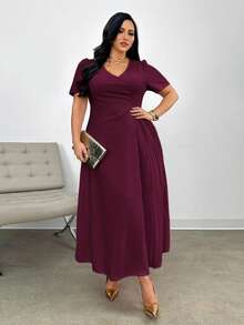 Firerie 大码女式舒适休闲优雅褶皱宽松弹力短袖连衣裙，适合约会、派对、春夏飘逸连衣裙、女士正式礼服 - 紫色 - 查看 12