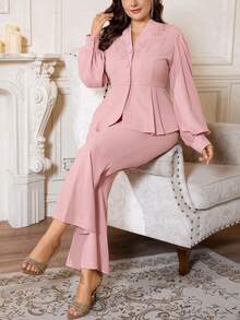Firerie Plus Size Women 2pcs Set - Pink Lantern Sleeve Top And Pants, Elegant Outfit Suitable For Traditional Gatherings, Parties, Commute And Workplace Blouse And Pants Set Modest Two Piece Set Elegant 2 Piece Set Formal Two Piece Set - Dusty Pink - View 2