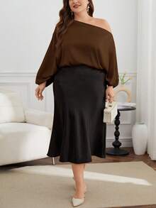 SHEIN Privé Áo kiểu nữ cỡ lớn màu trơn tay cánh dơi, kiểu dáng thanh lịch, vai lệch. - Lạc đà - Xem 10