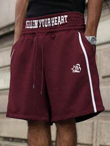 Manfinity EMRG Young, Streetwear Style Double Waistband, Printed, Webbing Plus Size Men Shorts - Burgundy - View 4