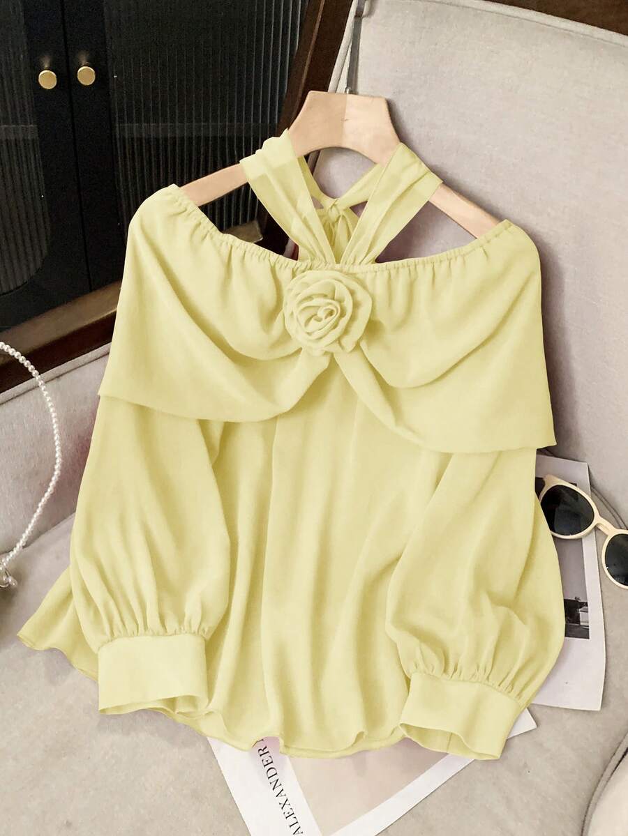 Seusyu 1件女士露肩系领花卉刺绣长袖衬衫 - 淡黃色 - 查看 1