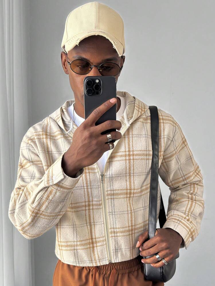 HUEFORM 男士休闲格子长袖连帽衬衫 - 杏色 - 查看 5