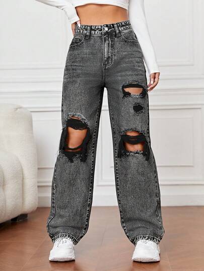 SHEIN PETITE Jeans de mujer con efecto desgastado