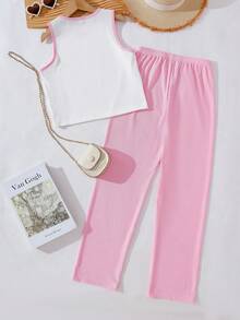 SHEIN Explorewe 2pcs/Set Tween Girls White Tank Top And Khaki Pants, Casual Style - Pink - View 2