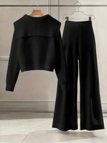 GlowEve CURVE 大码女式两件套针织衫：翻领开衫 + 长裤 - 黑色 - 查看 2