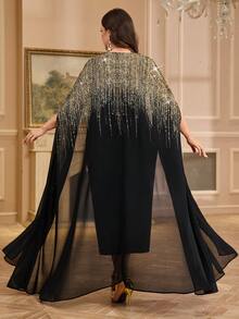 SHEIN Clasi Plus Size Women Shiny Batwing Sleeve Cardigan And Slip Dress Elegant 2 Pieces Set Modest Sets - Black - View 2