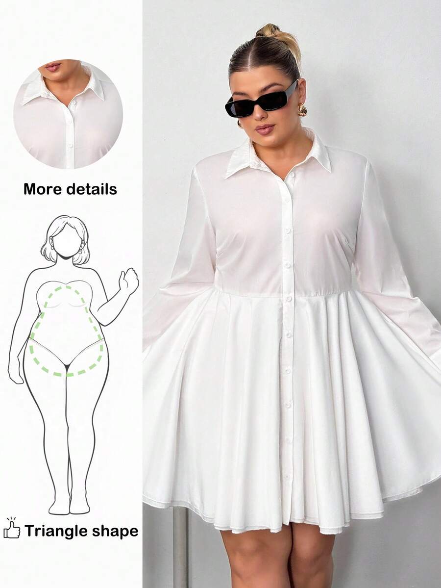 Truni 大码纯色前开襟休闲百搭长袖连衣裙/秋冬 - 白色 - 查看 1