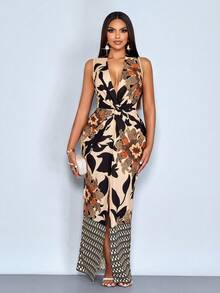 Women's Elegant Chain Print Deep V-Neck Twist Design High Slit Thigh Sleeveless Maxi Dress,Lightweight Spring-Summer Holiday Outfits - Black - View 3