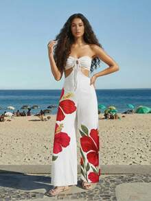 CAJUNI 女士花卉刺绣前系带腰部镂空性感抹胸阔腿连体裤 - 杏色 - 查看 6