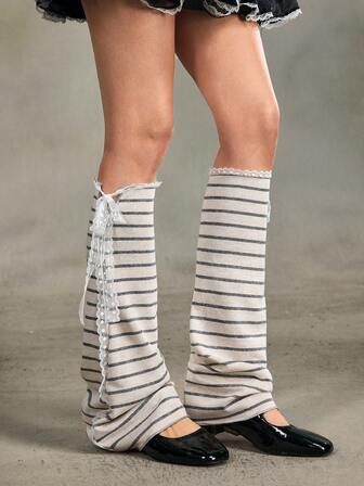 Anime 1 Coppia di Scaldamuscoli con Lacci a Fiocco a Righe Bianche e Nere in Stile Y2K Baddie, Maniche per le Gambe Minimaliste e alla Moda, Adatte per Uso Quotidiano, Scuola, Appuntamenti, Viaggi, Shopping e Altre Occasioni