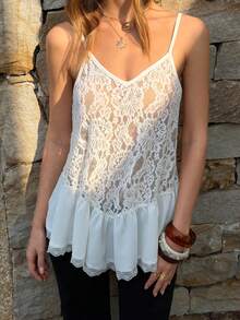 Breezaya Elegant White Floral Lace Patchwork Semi-Sheer Camisole Top For Women,Summer Tea Party Boho Mesh Tank Top,Loose Babydoll Lace Trim Top - White - View 4