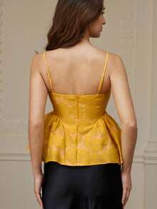 BELROSIE Women's Sleeveless Top With Floral Jacquard Pattern, Cute & Sweet Girly Style, Pearl Button Decor, Ruffle Hem - Yellow - View 6