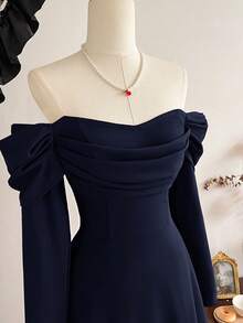 Vintamour Vintage Elegant Navy Blue Midi Formal Dress For Women,Autumn Dining Christmas Party Outfit,Off Shoulder Long Sleeve New Year's Eve Graduation Dresses - Navy Blue - View 7
