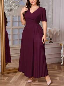 Firerie 大码女式舒适休闲优雅褶皱宽松弹力短袖连衣裙，适合约会、派对、春夏飘逸连衣裙、女士正式礼服 - 紫色 - 查看 6