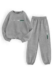 BamGleam Paris Minimalist Digital Print Front Casual Comfortable Versatile Streetwear Women Fleece Sweatshirt & Pants Set Fall Cloth For Women - Light Grey - View 3