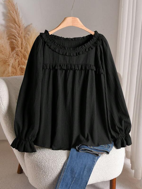 CosyJoli Plus Size Casual Frill Collar A-Line Smock Blouse