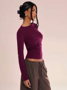 MUSERA 针织圆领长袖上衣，休闲度假机场休闲秋季返校优雅情人节春夏装 - 中紫紅色 - 查看 2