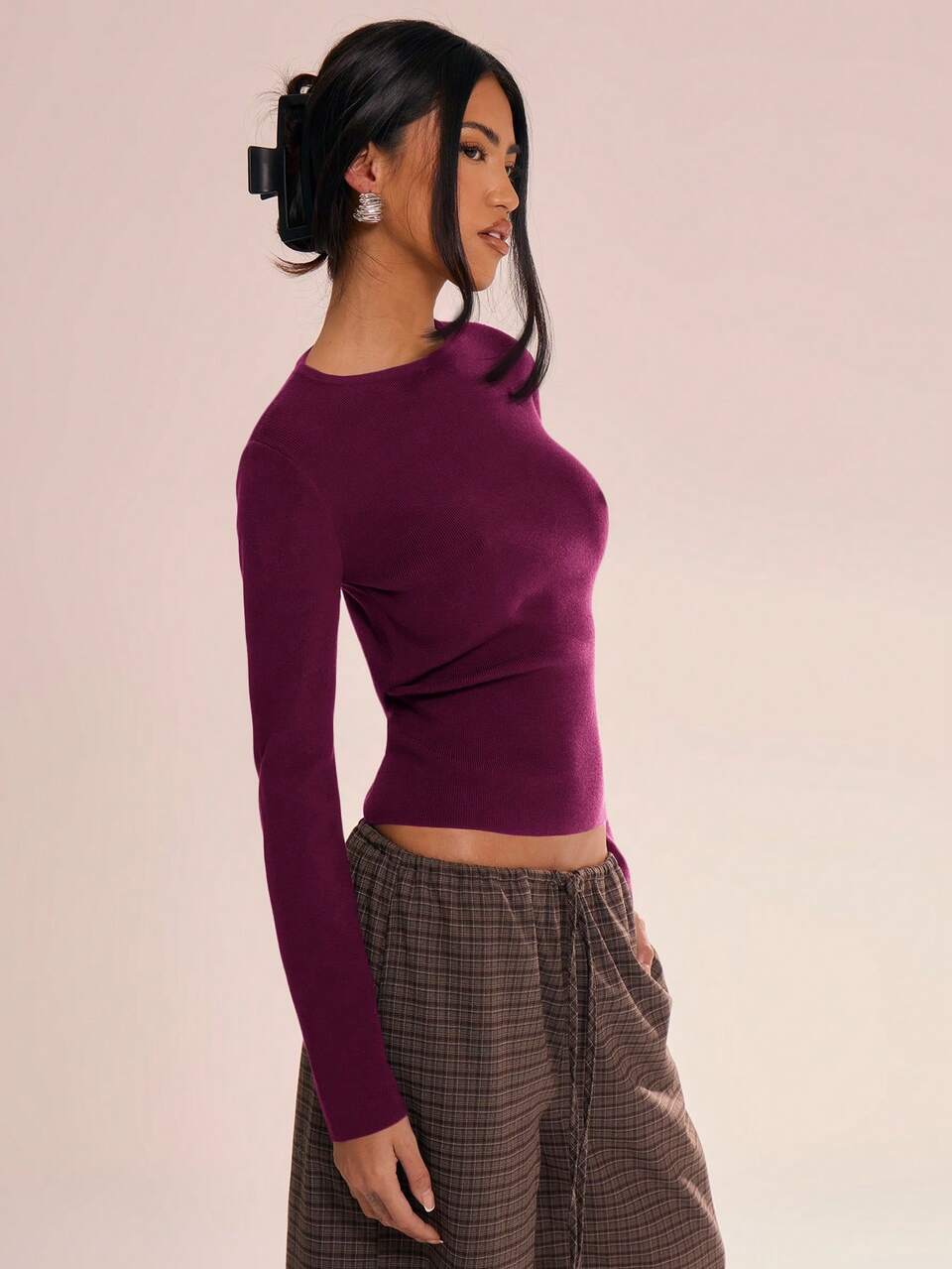 Purple Knitted Crew Neck Long Sleeve Top